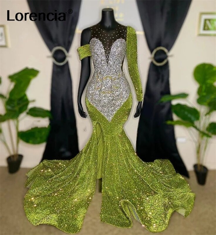 Gaun Prom putri duyung hijau lorensia untuk Gadis hitam manik-manik kristal gaun pesta resepsi ulang tahun jubah De Soiree YPD75