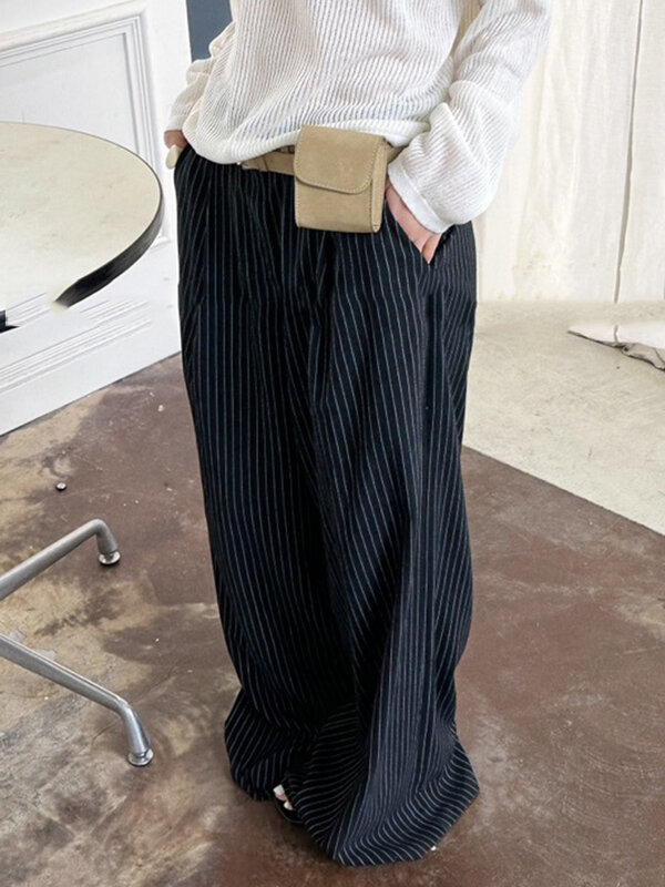 BZVW-Pantalones largos a rayas para mujer, pantalón informal de cintura alta con bolsillos personalizados, diseño de pierna ancha, 25A732, 2024