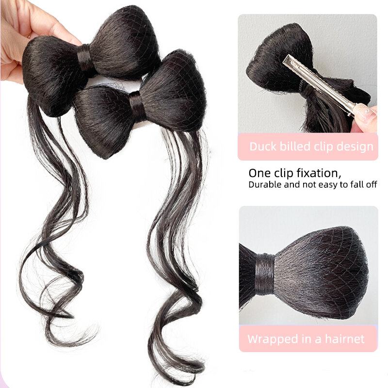 Sintético Bow Knot Hair Bun Set, extensões de cabelo estilo Clip, Garra de pena de galinha, Double Ball Hair Bag