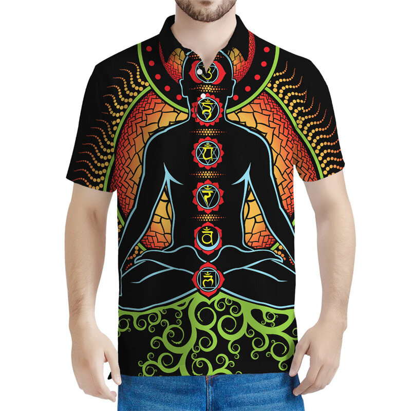 Classic Chakras Of The Universe Pattern Polo Shirt 3D Printed Button T Shirts For Men Summer Streetwear Short Sleeve Tees Tops