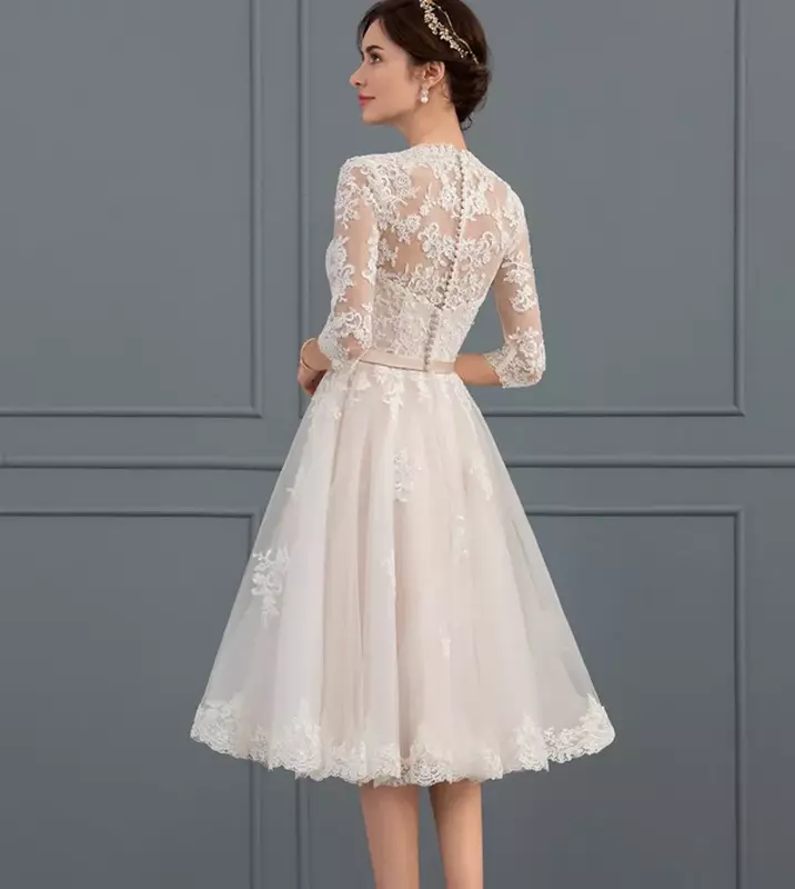 Vestido de noiva curto com apliques, meia manga, decote em v, altura do joelho, vestido de festa nupcial, personalizado, elegante, 2024