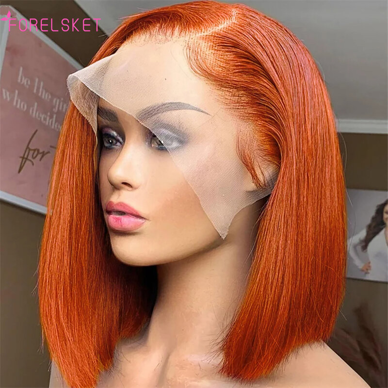 FORELSKET-Peluca de cabello humano liso con encaje Frontal para mujer negra, pelo corto Bob indio n. ° 350, 13x4, Parte en T transparente