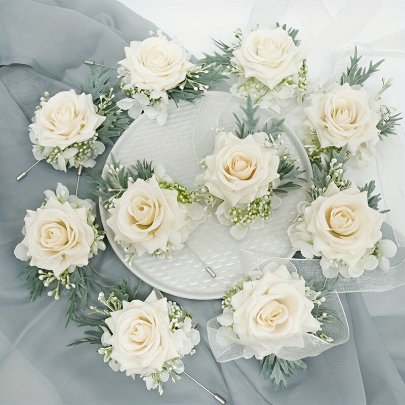 1 buah korsase pergelangan tangan pernikahan mawar dan Boutonniere untuk pengantin, pengiring pengantin, pria, pengantin pria, Aksesori dekorasi setelan Prom (sampanye) putih