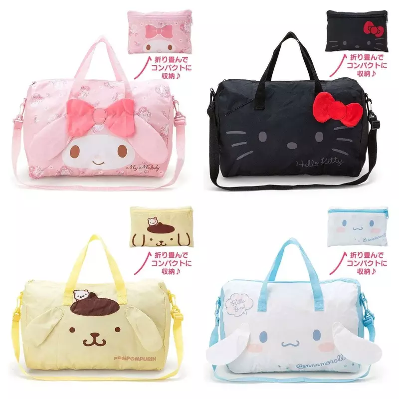 Sanrio Hello Kitty Cinnamoroll กระเป๋าเดินทางสำหรับผู้หญิง, กระเป๋าแบบพับลายการ์ตูนกระเป๋าคาดลำตัวกระเป๋าล้อลากปรับได้