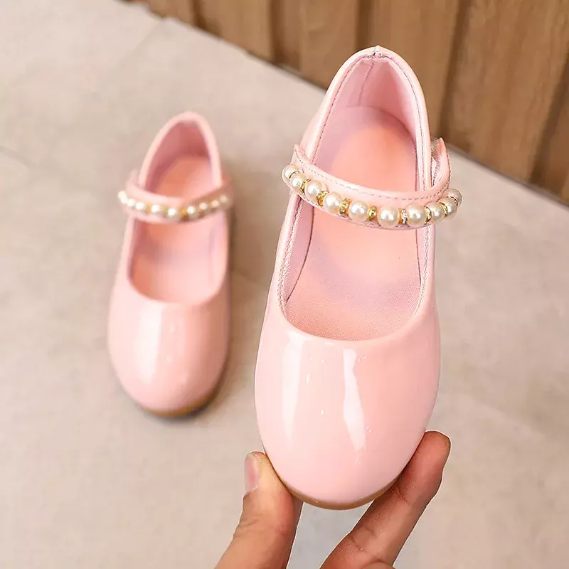 Zapatos suaves de cuero de perlas para niñas, zapatos de baile escolar, vestido de fiesta de boda, flores, niños pequeños, niños pequeños, D929