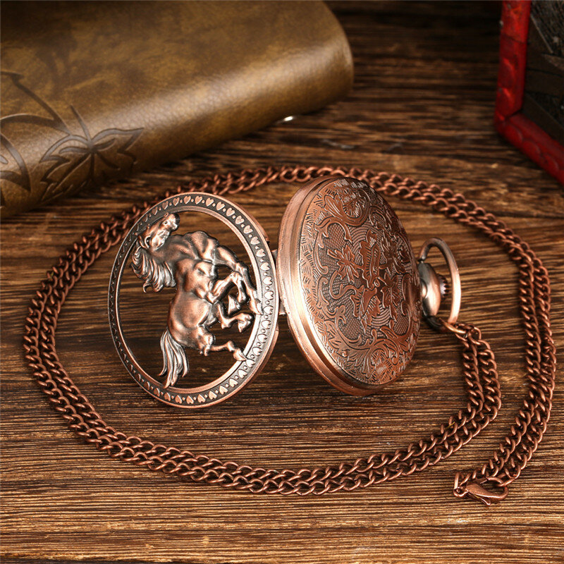 Vintage hohle Tier Pferd Design Männer Frauen Quarz analoge Taschenuhr Roségold Halskette Anhänger Kette sammel bare Uhr