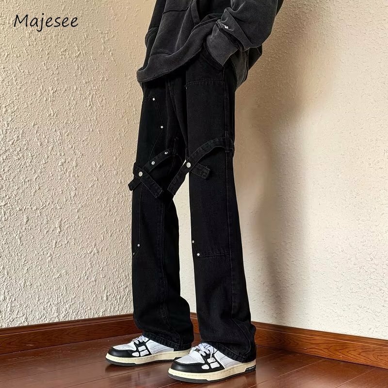 Jeans pria pita ramping tampan, celana panjang temperamen muda gaya Amerika desain kancing keling musim semi musim gugur