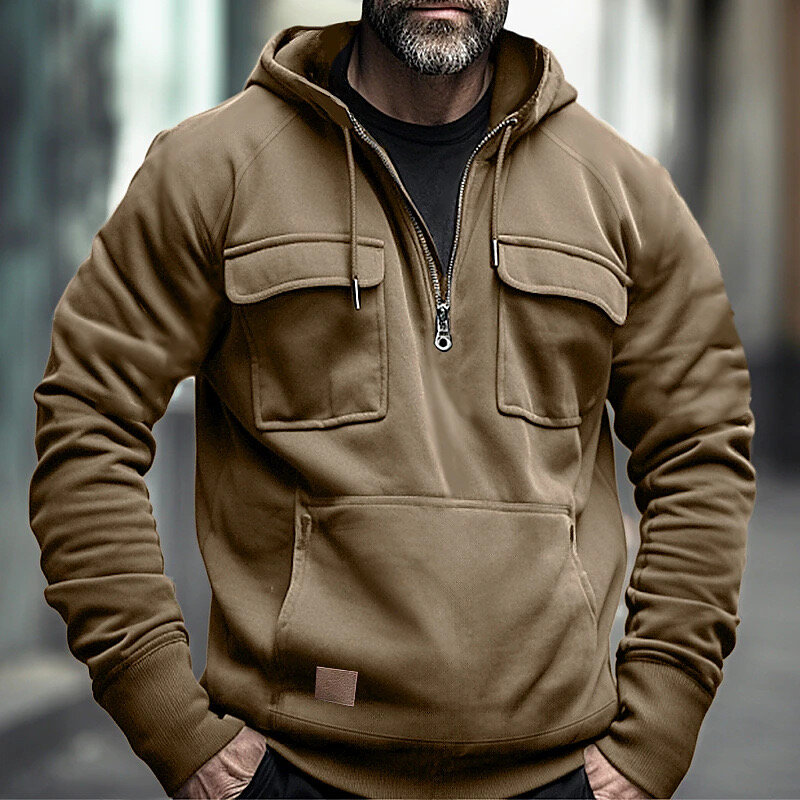 Sudadera con capucha táctica para hombre, chaqueta gruesa de forro Polar con media cremallera, color sólido y cálido, estilo militar, con múltiples bolsillos, para exteriores