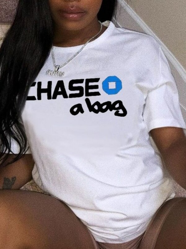 LW Plus rozmiar koszulki damskie Chase A Bag list T-shirt z nadrukiem topy O-neck krótkie rękawy luźne letni T-shirt białe koszulki