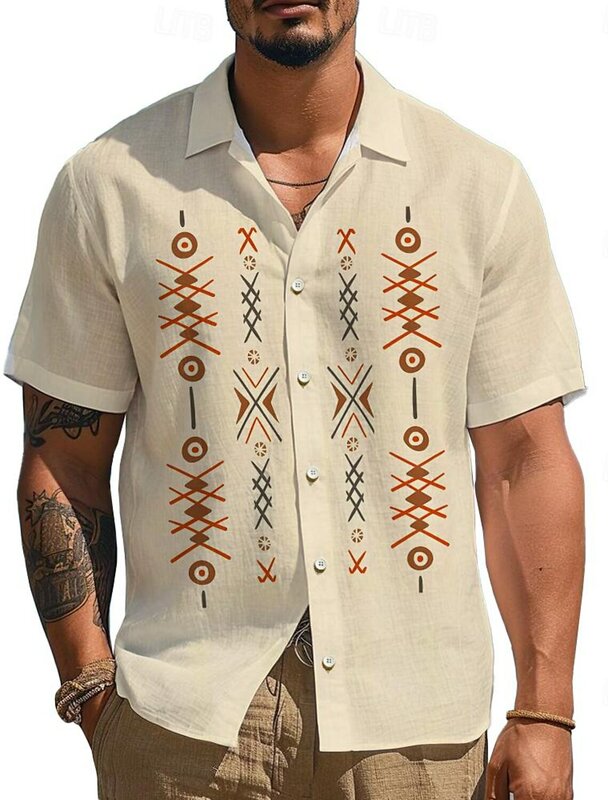 Chemise décontractée hawaïenne ethnique tribale pour hommes, chemise hawaïenne, polyester à manches courtes, coloré, extérieur, rue, été, printemps