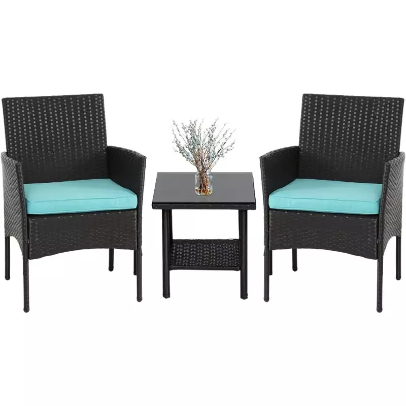 Set di mobili da esterno da 3 pezzi, mobili per sedie Set di conversazione bistrot 2 sedie in vimini con rivestimento blu e tavolino in vetro