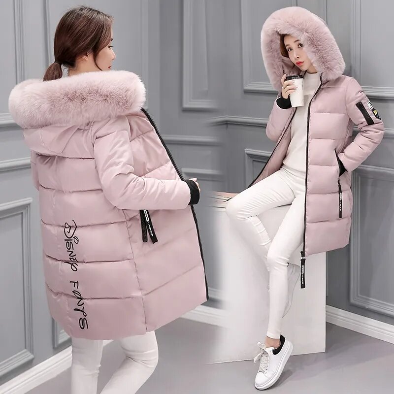 Nowa moda zimowa kurtka podszyta bawełną damska duża płaszcz z kołnierzem z futra szczupła i szczupła ubrania wyściełane bawełną w długim płaszczu