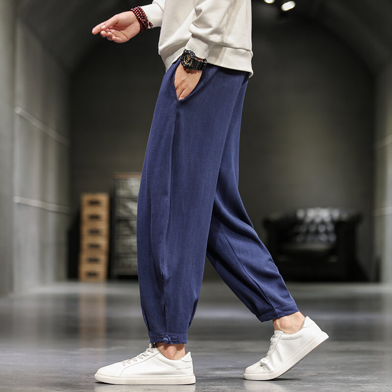 Летние повседневные штаны в китайском стиле, дышащие и удобные свободные шаровары из хлопка и льна, брюки до щиколотки с дисковой пряжкой