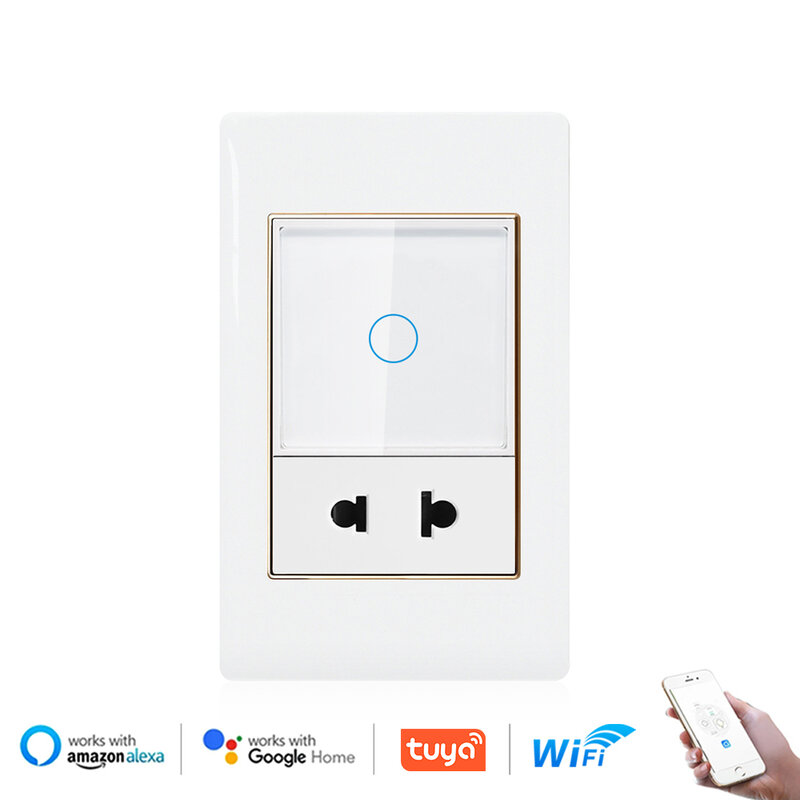 VISWE smart switch with socket 2pin Universal,118*72mm Plastic Panel with Gold Border, Wifi Switch Work with Google/Aleax
