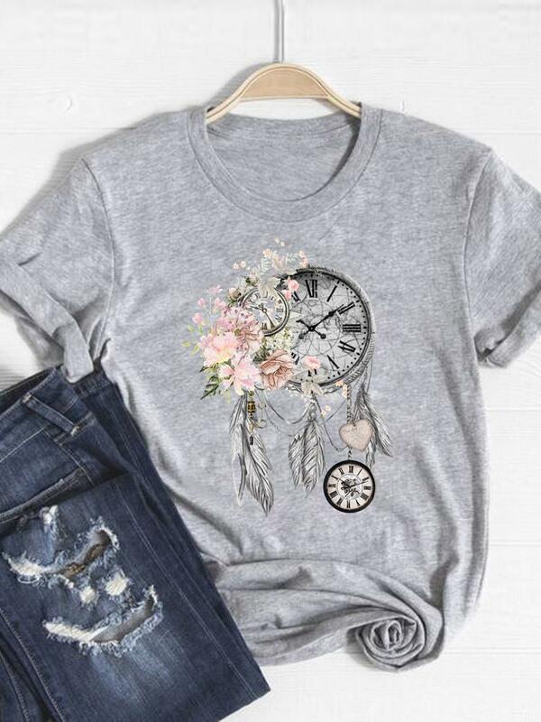 Camiseta de manga corta con estampado de flores para mujer, Top Vintage de los años 90, ropa de moda, Camiseta básica gris, camiseta gráfica