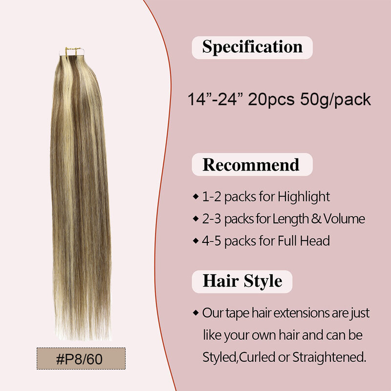 Cynosure Tape in Hair Extensions Ludzkie włosy Blond Podświetlana bezszwowa taśma w doczepach Popielaty brąz do Platynowy blond#P8/60