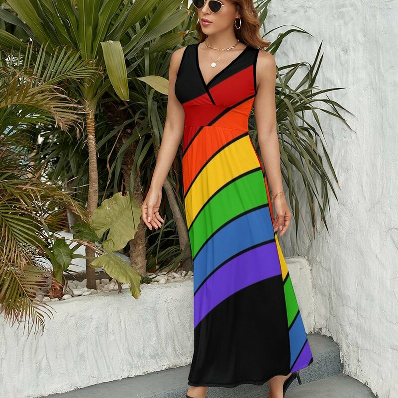 Diagonale Regenboog Streep Mouwloze Jurk Jurk Vrouw Prom Jurk Zomerjurken Voor Vrouwen Galajurken