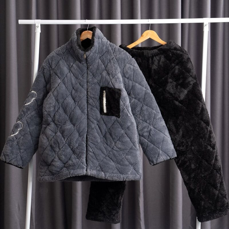 Pakaian tidur anak muda pria, Set pakaian rumah jaket insulasi beludru karang tiga lapis mewah tebal musim dingin