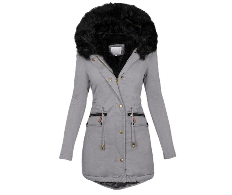 Womens Parkas  Autumn and Winter Solid Color Fur Collar Hooded Mid Length Warm Cotton Jacket for Women