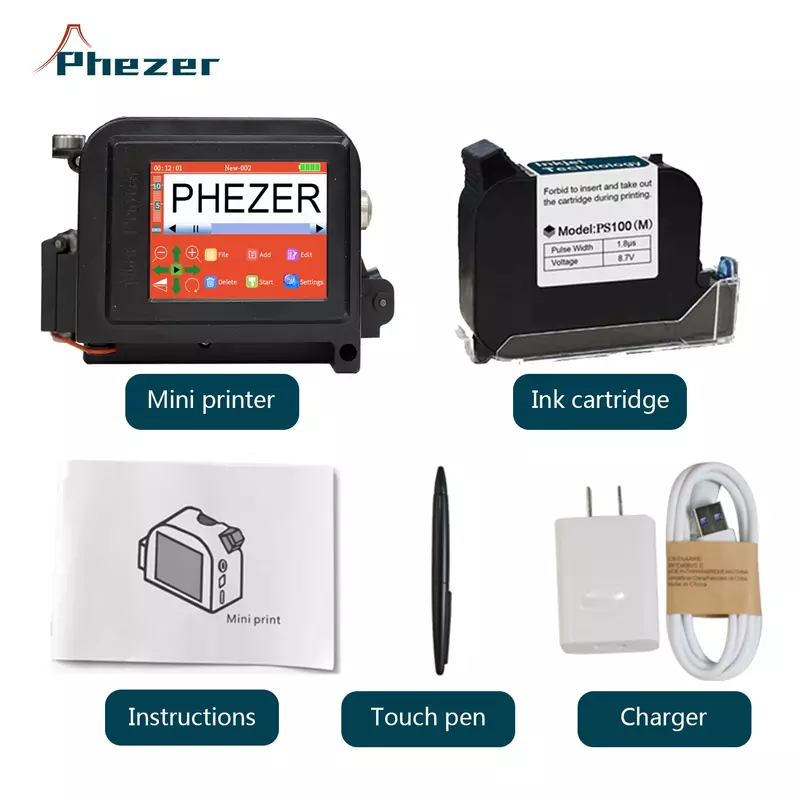Портативный мини-принтер Phezer, 30 языков, 12,7/25,4 мм, PC11Plus, QR-код, дата нанесения логотипа, Дата истечения срока годности, ручной струйный принтер, этикетка