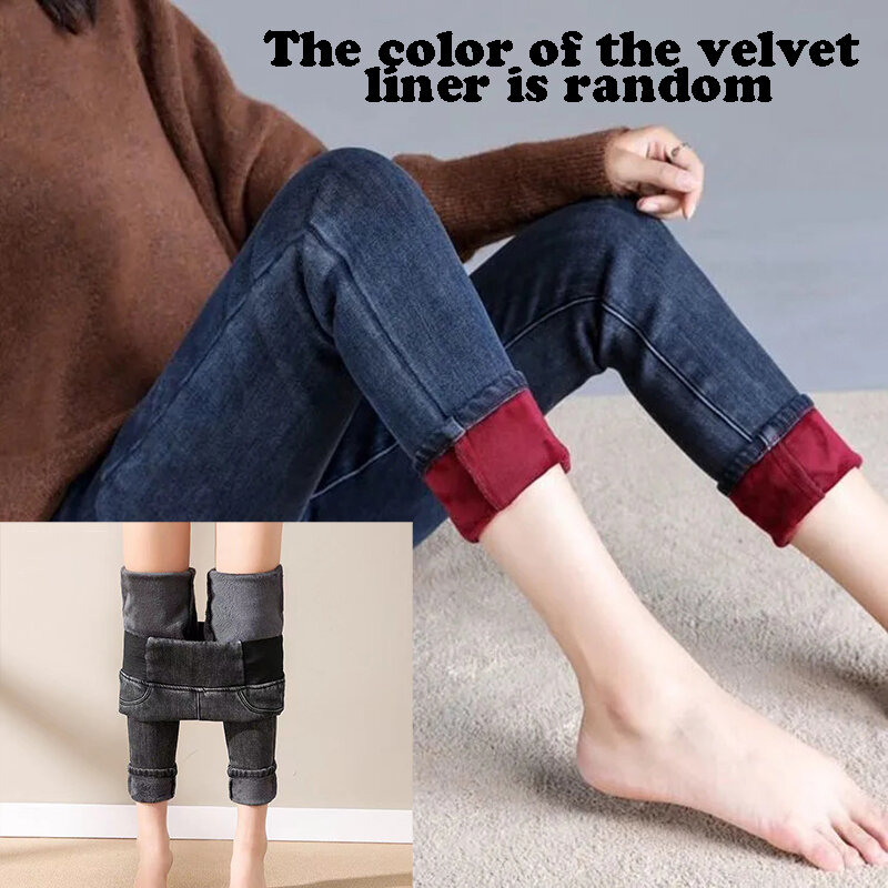Jesienno-zimowa aksamitna podszyta dżinsy rurki z wysokim stanem, Vintage pluszowa chuda Vaqueros Oversize 38 ciepłych, gęstych do kostek spodnie dżinsowe