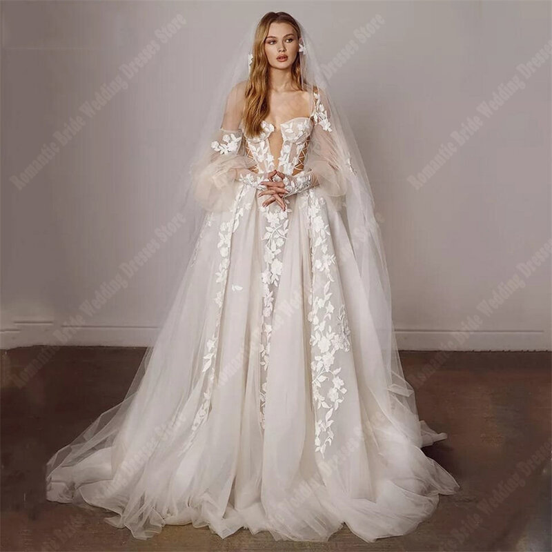 Romantic Flower Print Wedding Dresses Newest Sweetheart Collar Gowns Fluffy Hems Mopping Length Bright Tulle A Line Women Robes