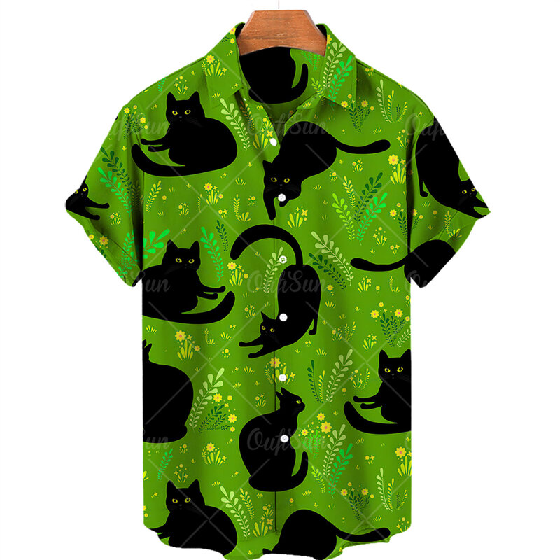 Kemeja motif kucing lucu baru Atasan kasual pria kemeja Hawaii musim panas kemeja sederhana longgar ukuran besar wanita kancing sebaris atas 5xl