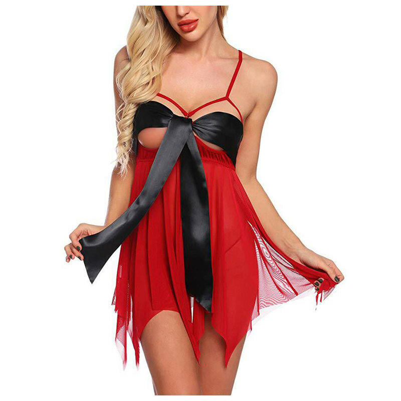 Festival Sexy Christmas Lingerie Red Women Babydolls Transparent Bow Gift Party Dress New Year Sheer Mesh Outfit Woman Nightdres