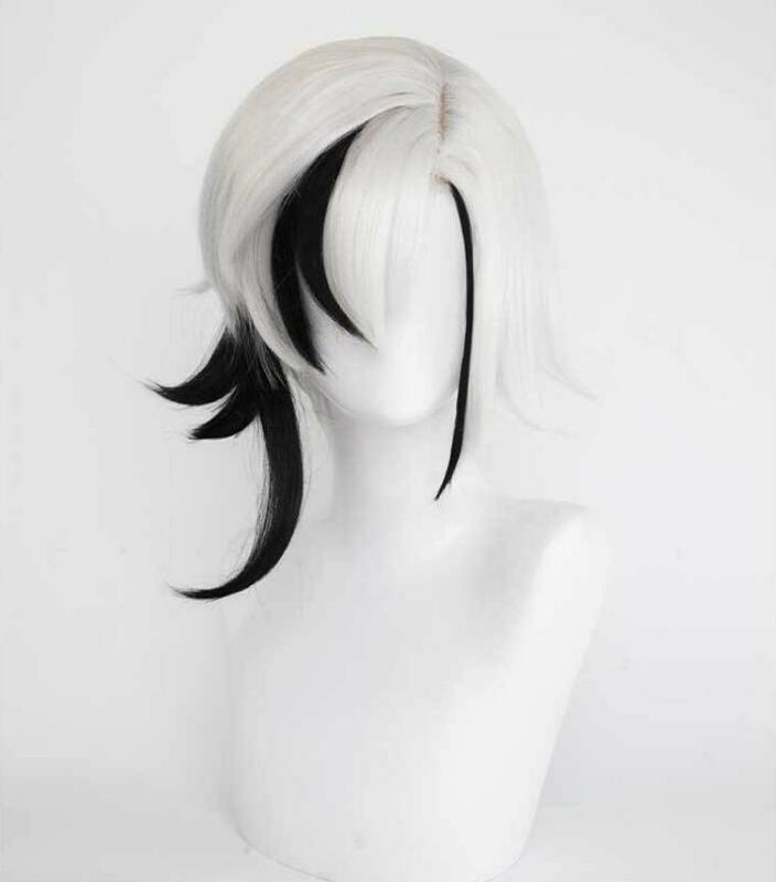 Genshin Impact-Peluca de cabello sintético Arlecchino, pelo corto y liso, blanco y negro, Fatui servant, Snezhnaya Game, Cosplay para fiesta
