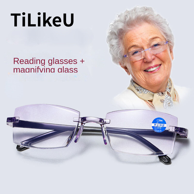 Óculos sem aro de presbiopia, óculos resina luz anti-azul, alta definição, idosos, novos modelos