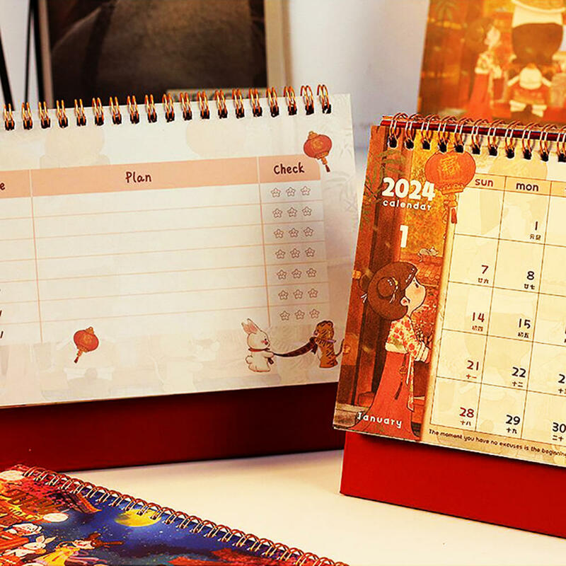 Kalendarz z uroczą kreskówką z kalendarzem kalendarz biurkowy 2024 planowanie papieru biurowego materiały biurowe materiałów biurowych
