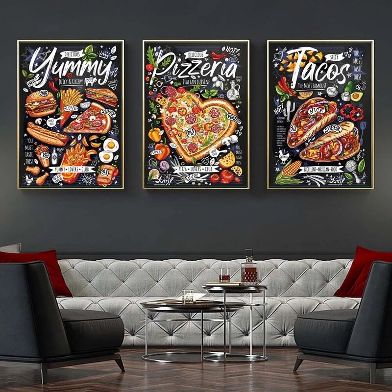 Arte do graffiti comida deliciosa pintura em tela sanduíche pizza hambúrguer cozinha cartaz da arte da parede sala de jantar decoração casa mural