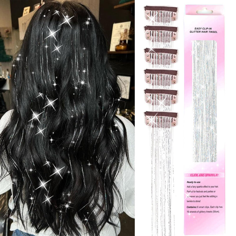 Tinsel rambut isi 6 buah klip di perada rambut perada Glitter warna-warni 20 inci ekstensi rambut Festival hadiah perada peri hiasan rambut