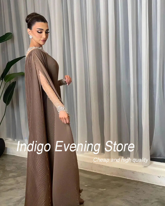 Indigo Evening Dresses O Neck Full Sleeves Tulle Bead Formal Party Dress For Women 2024 vestidos cortos de noche فساتين السهرة