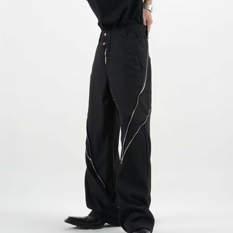 Pantalones acampanados con abertura de diseño de cremallera negra para hombre, pantalones casuales rectos de sensación Vertical, pantalones Vintage Kpop, moda americana