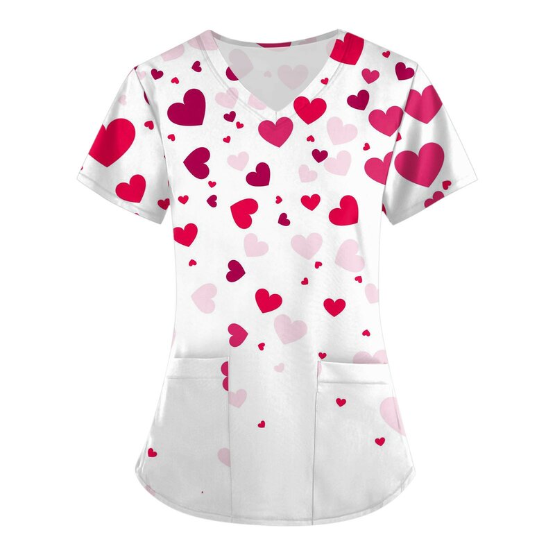 Kaus lengan pendek wanita, blus atasan cetakan hati cinta Hari Valentine Wanita leher V bermotif hati