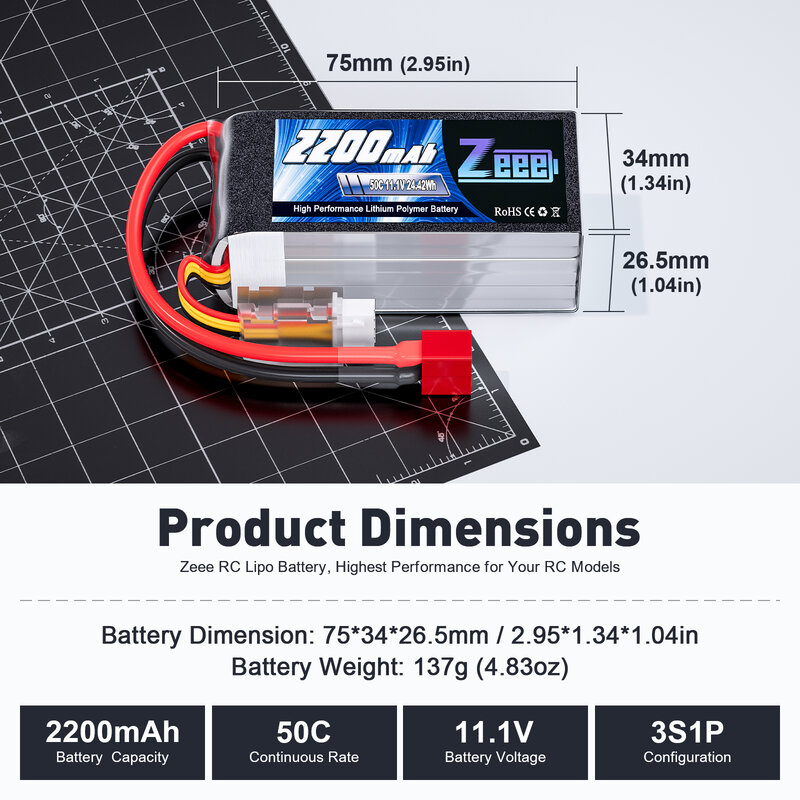Zeee-Batterie Lipo 3S, 2200mAh, Shorty, 11.1V, 50C, avec prise T/count60, pour voiture, camion, importateur, avion, FPV RC, 2 pièces