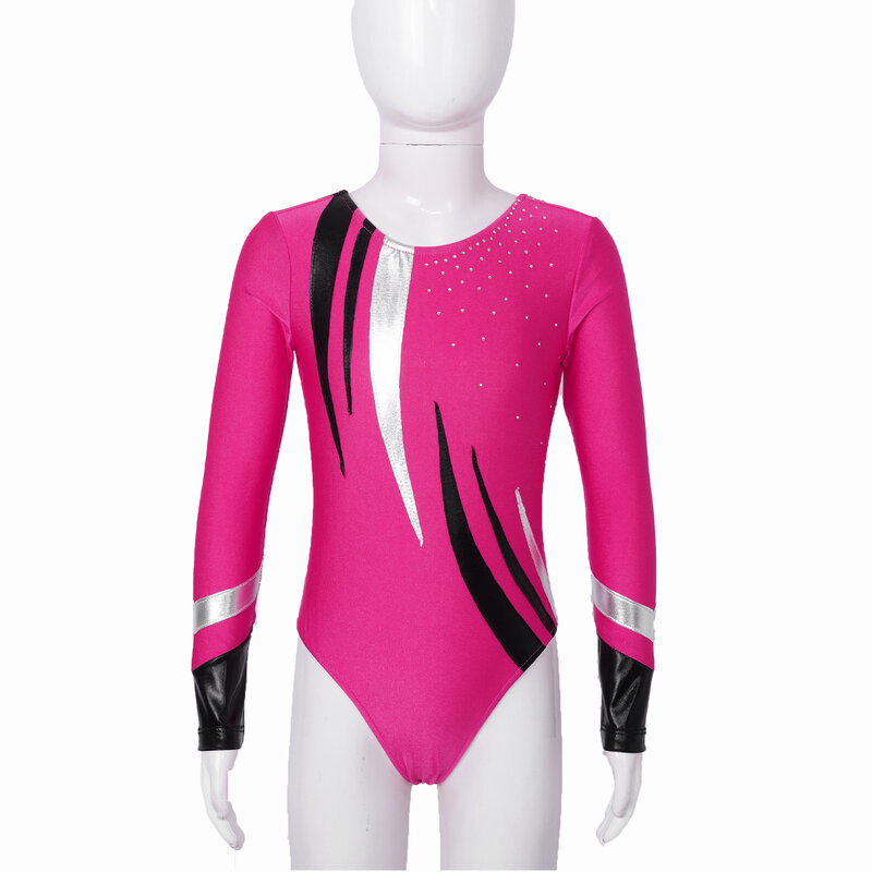 Pakaian Ketat Tari Balet Senam Anak Perempuan Bodysuit Tambal Sulam Dekorasi Berlian Buatan Mengilap Lengan Panjang untuk Latihan Olahraga