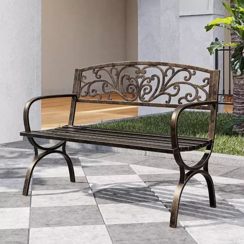 Banc de jardin en fonte de 50 pouces, chaises de causeuse en métal avec accoudoirs pour parc, cour, porche, pelouse, en bronze
