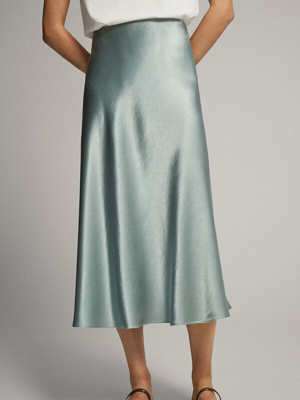 Faldas elegantes de satén para mujer, faldas largas de cintura alta, línea A, informales y simples, Estilo Vintage, para verano, 2024