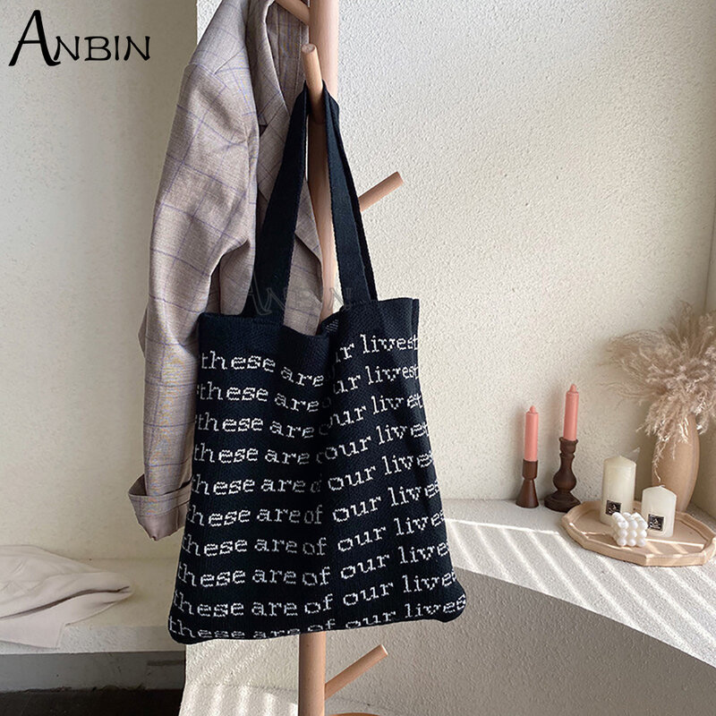 Female Knitting Shoulder Bags for Women Korean Fashion Wool Handbags Tote Casual Reusable Shopping Foldable Crossbody Bag