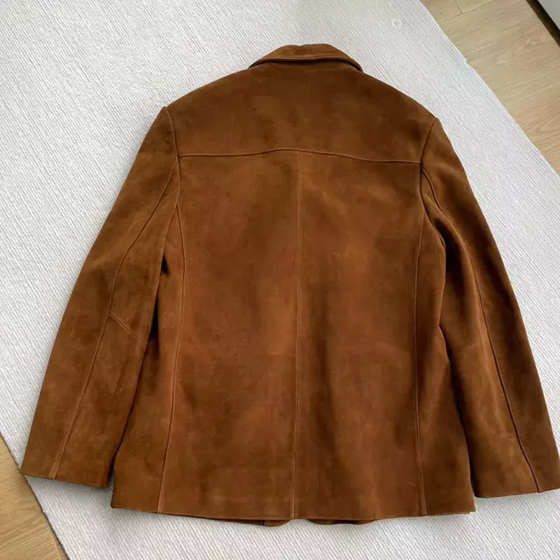 하이엔드 다크 브라운 여성용 스웨이드 코트, 리얼 가죽 아웃웨어, 단추 의상, 용수철 가을 여성 패션, 짧은 얇은 여성 재킷