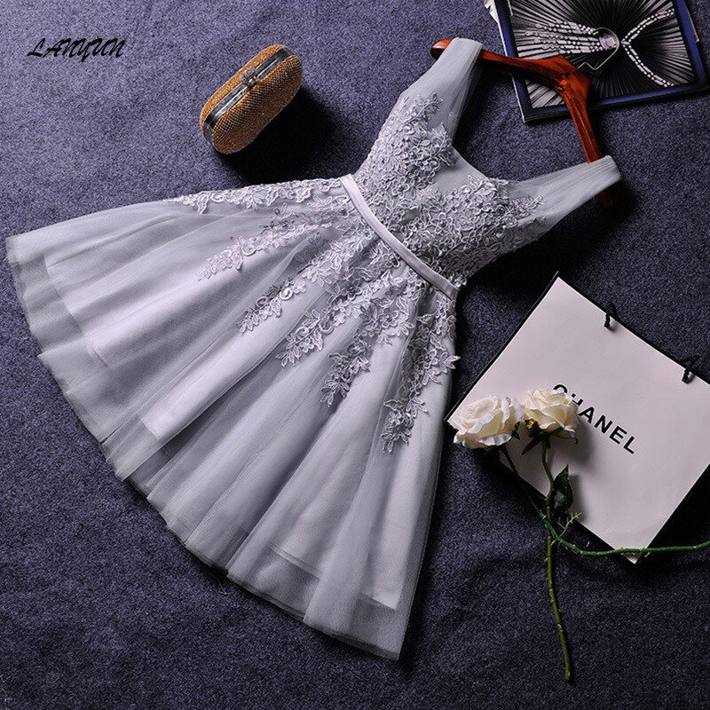 LANMU Elegant Pearl Pink Dresses Sexy Prom Dress Short V Neck Appliques Beading Lace Up Knee-Length Graduation Party Gowns