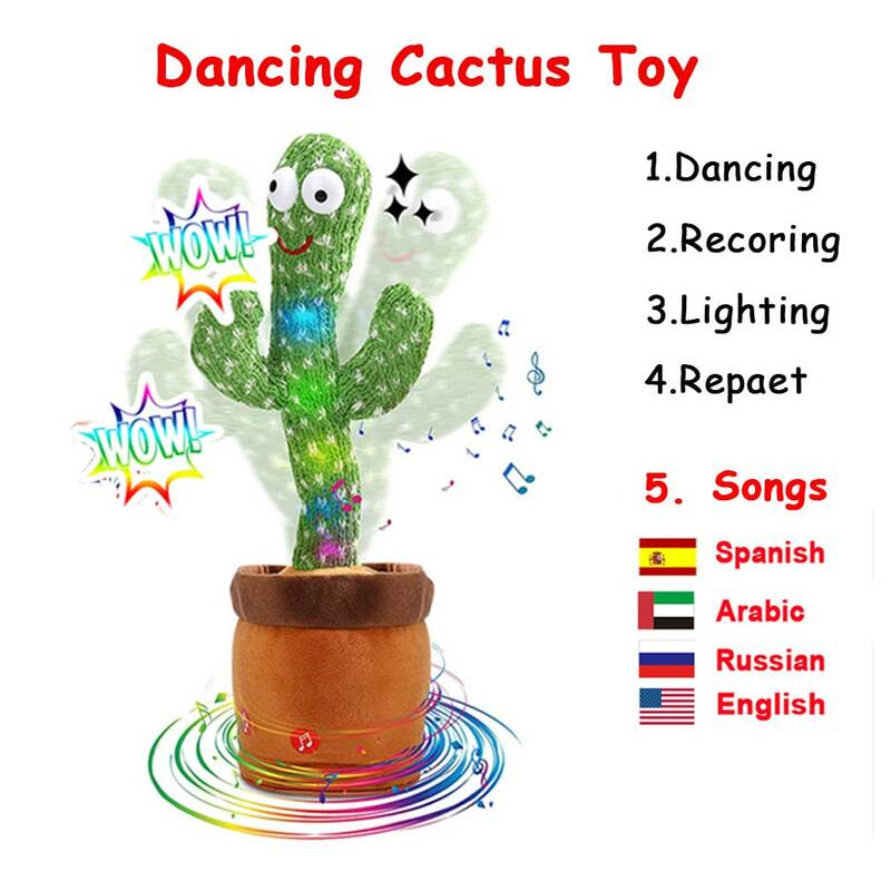 Cactus Dançarino Espanhol cacto dançante Recarregável Inglês Árabe Captus Talking Dancing Recarga USB or batería Gravar Repita o que dizes Dance Cactus Brinquedo de bebé espanhol Parlanchin