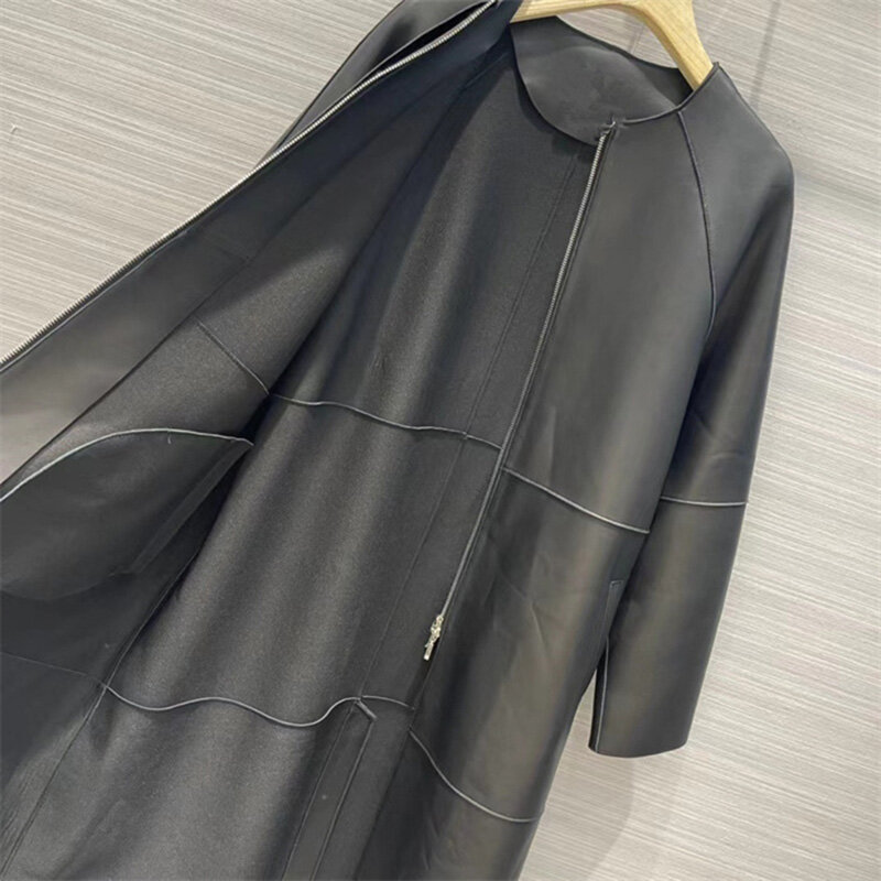 2022 novas mulheres jaqueta de couro cinto sólido zíper genuíno pele carneiro moto longo trench coats alta qualidade moda streetwear ael4940