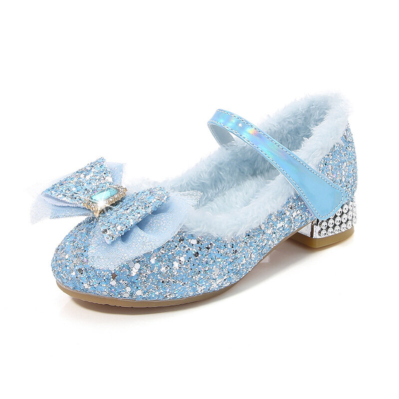 Disney-zapatos de tacón alto para niña y mujer, calzado con cristales del Tesoro, de felpa, con lazo, de princesa Frozen, Elsa, talla 23-36