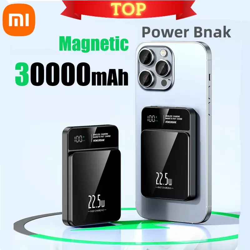 Xiaomi-Banco magnético do poder do carregador sem fio de Qi, Mini Powerbank para o iPhone, Samsung, Huawei, carregamento rápido, 30000mAh, 22.5W