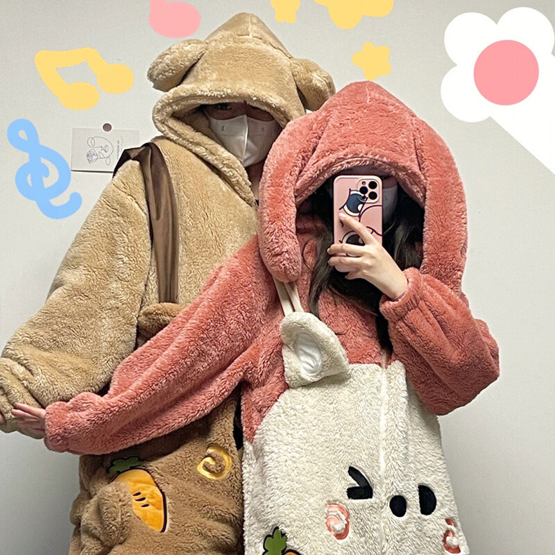 Winter Cute Plush One Piece Pajamas Women's Cartoon Carrot Bear Warm Hooded Zippered Pajamas Student Kawaii Couple Home Wear
