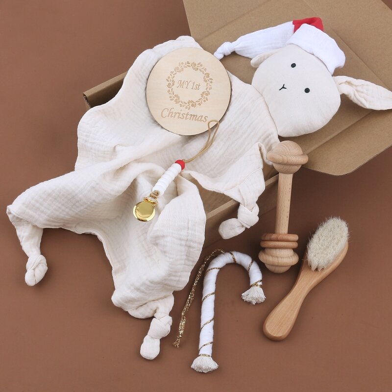 6 sztuk zestaw upominków na boże narodzenie rzeczy dla niemowląt noworodka kartka świąteczna dziecko bawełna uspokoić ręcznik klips z łańcuszkiem do smoczka szczotka do włosów