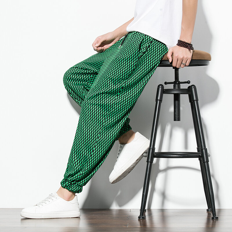 Cool Ice Silk Pants Korean Style Plaid Summer Casual Pants Mens Fashion Trousers Male Oversize Harem Pants Clothes Streetwear